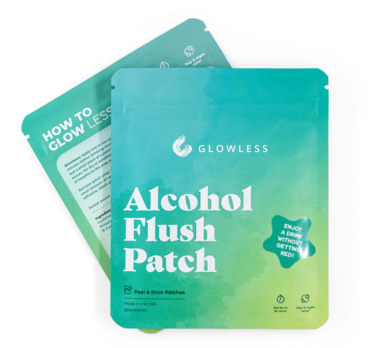Glowless Alcohol Flush Patch 30-pack — teal pouch with How to Glow instructions