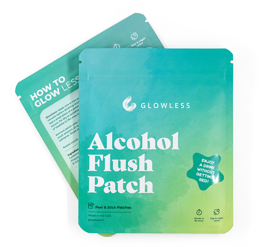 Glowless Alcohol Flush Patch 14-pack — teal pouch with How to Glow instructions